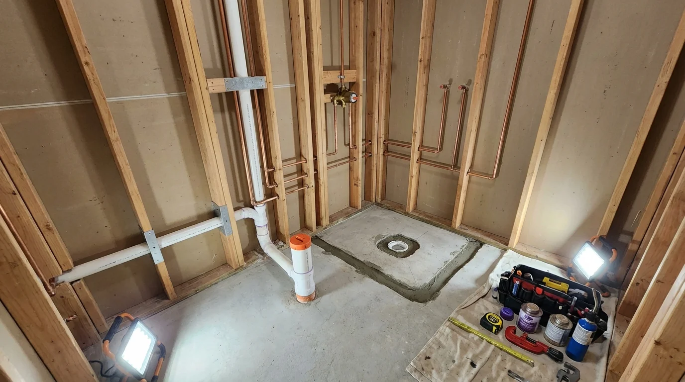 Bathroom rough-in plumbing during remodel by Johns Plumbing LLC in South El Monte