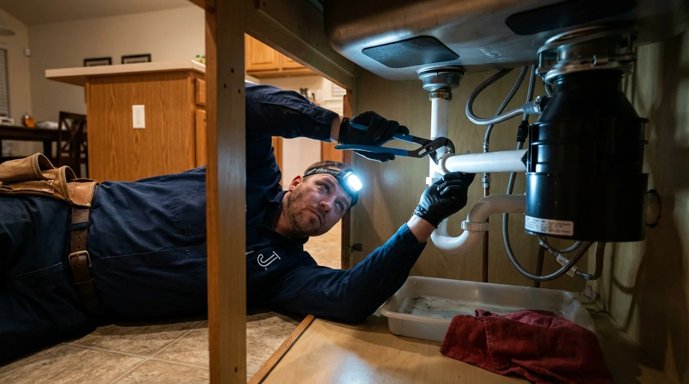 P-trap and supply line connections under a kitchen sink showing a common leak point in South El Monte, CA